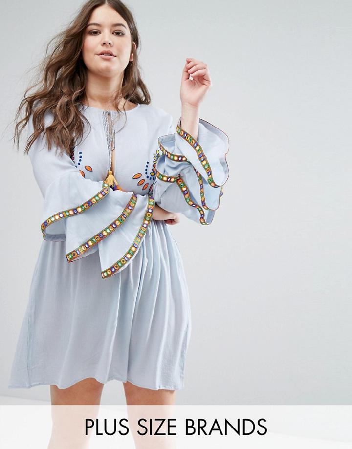 Alice & You Embroidered Skater Dress With Tiered Frill Sleeves - Blue
