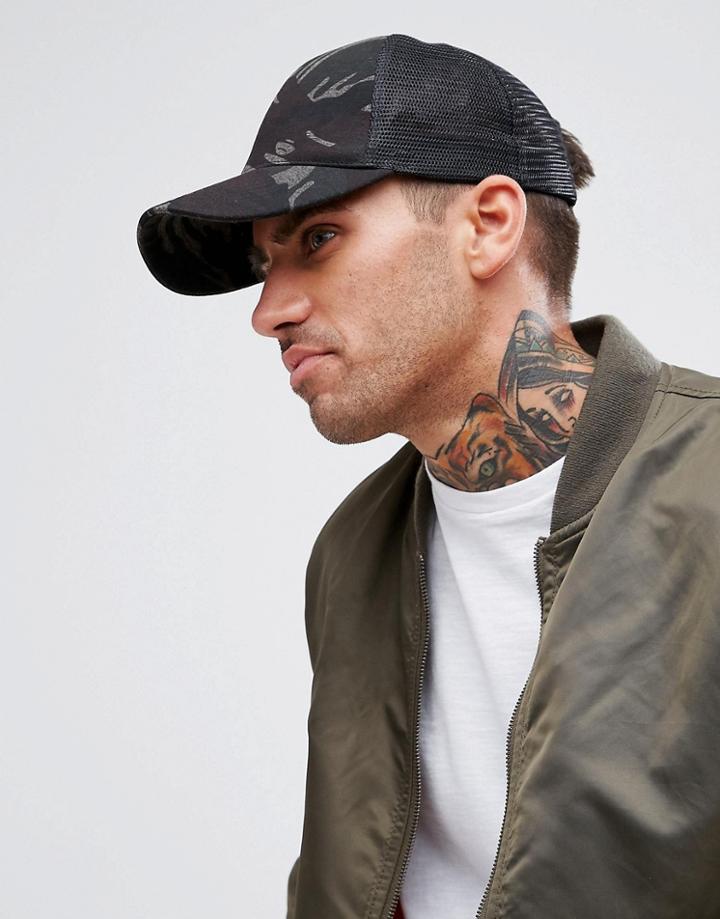 Asos Trucker Cap In Khaki Camo Print - Green