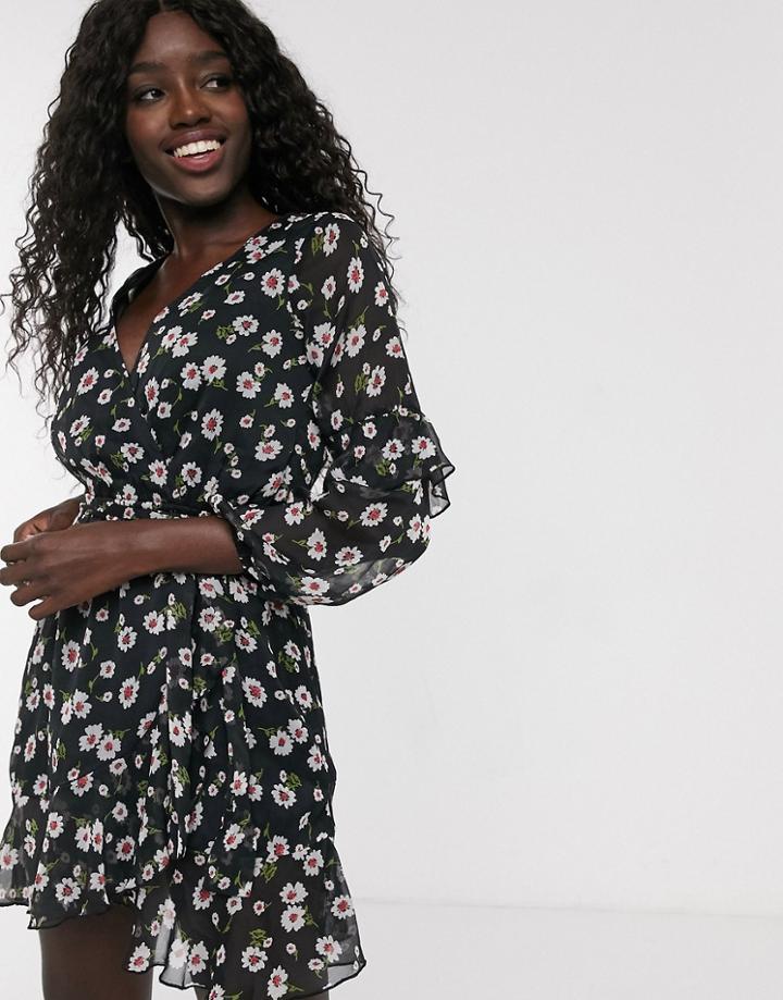 Influence Wrap Dress With Sheer Sleeves In Floral Print-black