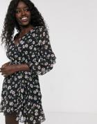 Influence Wrap Dress With Sheer Sleeves In Floral Print-black