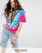 Reclaimed Vintage Inspired Tie Dye T-shirt With Eyelet Lace Up - Multi