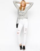 Asos Ridley High Waist Skinny Jeans In White With Shredded Rips - White