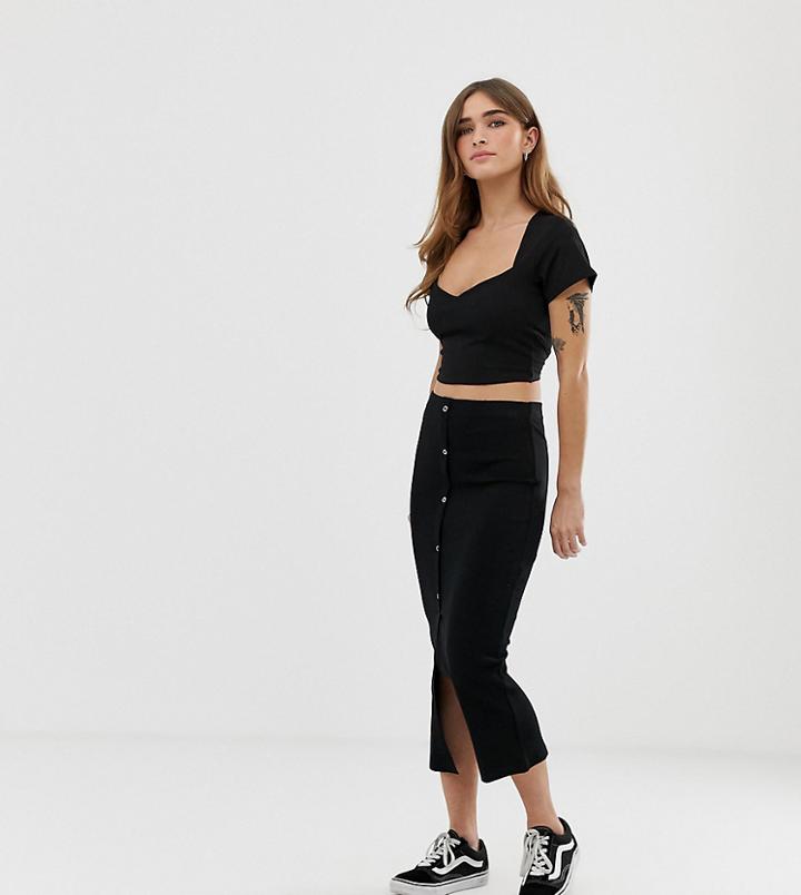 Asos Design Petite Rib Popper Midi Skirt - Black