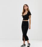 Asos Design Petite Rib Popper Midi Skirt - Black