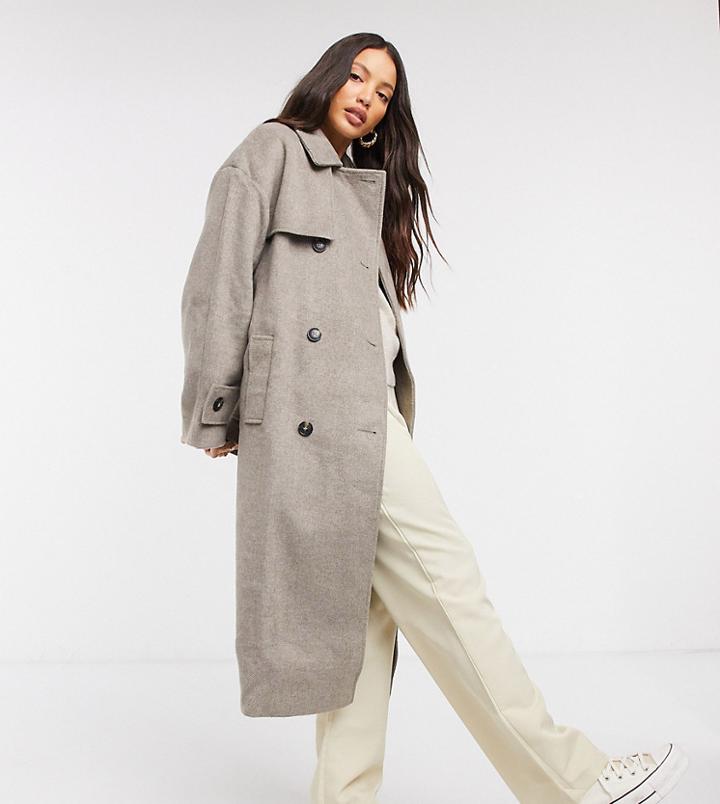 Asos Design Tall Brushed Twill Trench Coat In Gray-grey