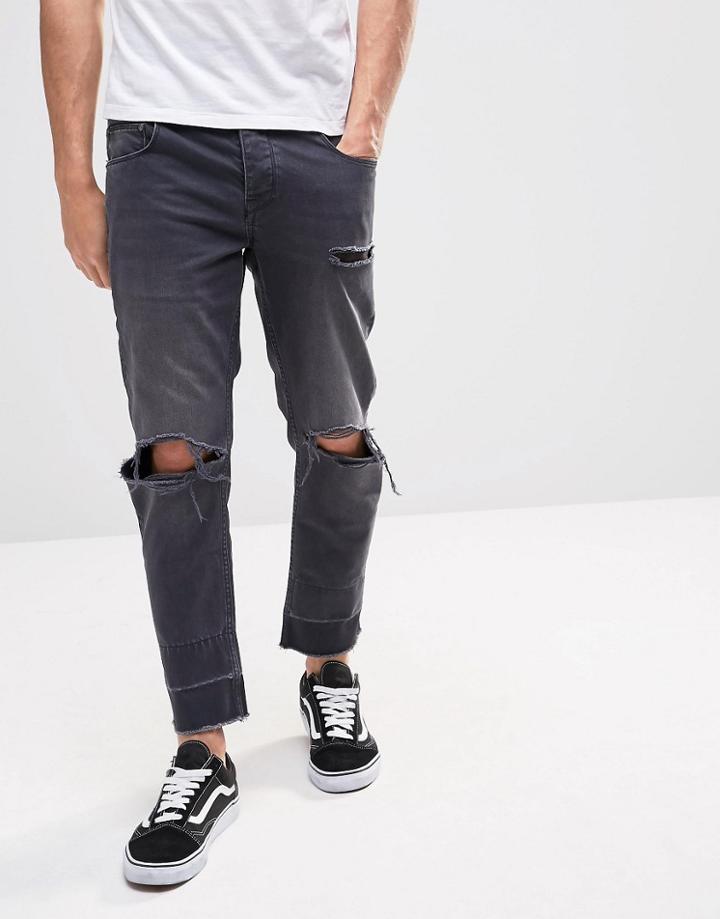 Asos Slim Cropped Jeans With Knee Rips - Washed Black