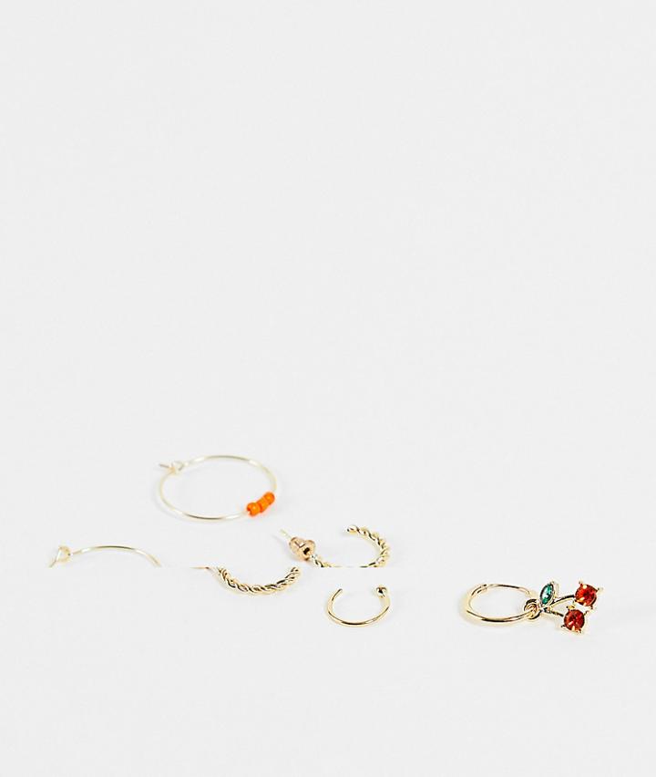 Madein 5 Pack Earrings In Gold Hoop And Cherry Charm-multi