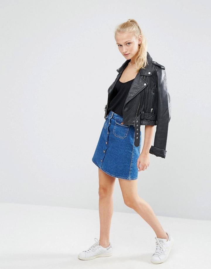 Asos Denim Button Through Skirt With Pockets In Dark Vintage Wash - Blue