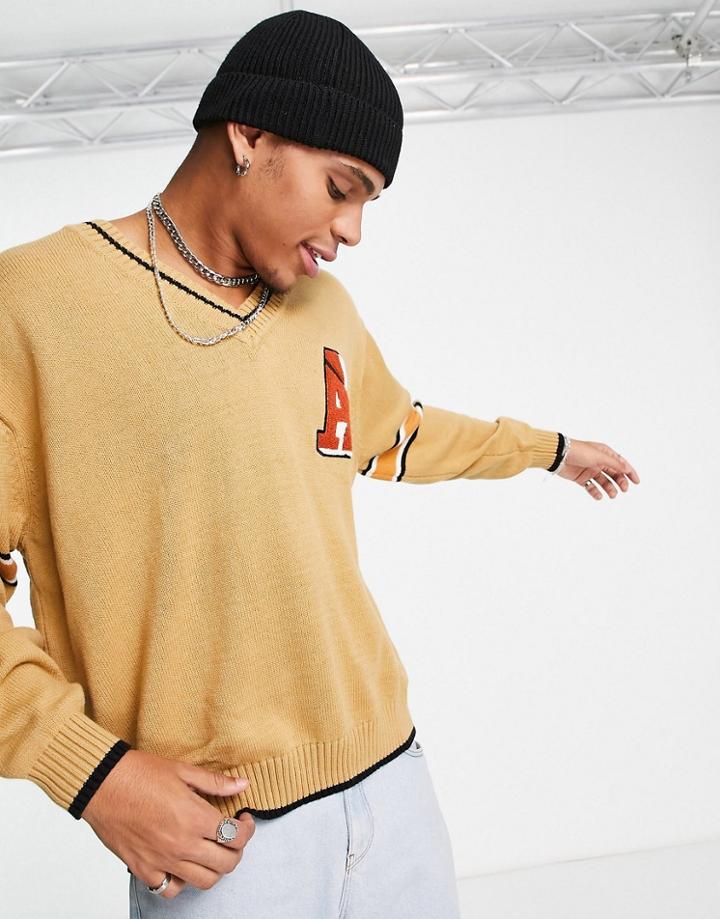 Asos Design Knitted V Neck Sweater With Embroidery In Camel - Part Of A Set-brown