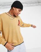 Asos Design Knitted V Neck Sweater With Embroidery In Camel - Part Of A Set-brown