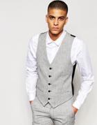 New Look Slim Fit Suit Vest In Gray Herringbone Slub - Cream
