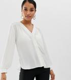 Asos Design Petite Long Sleeve Blouse With Pocket Detail-white