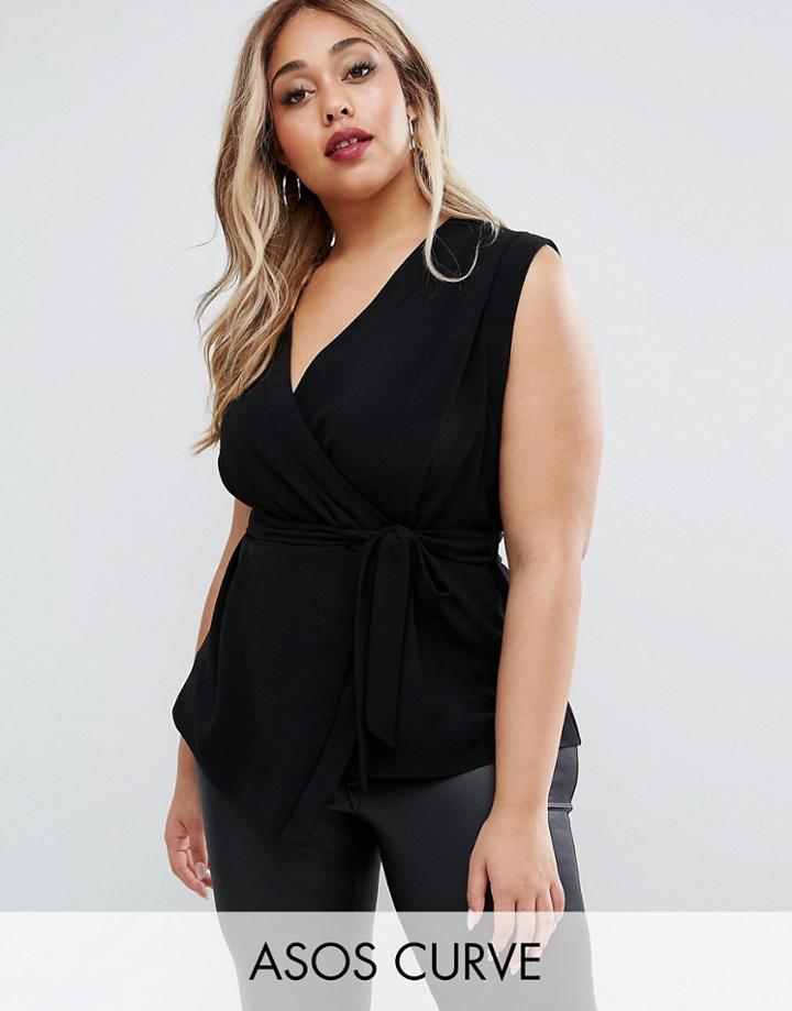 Asos Curve Sleeveless Obi Wrap Top - Black