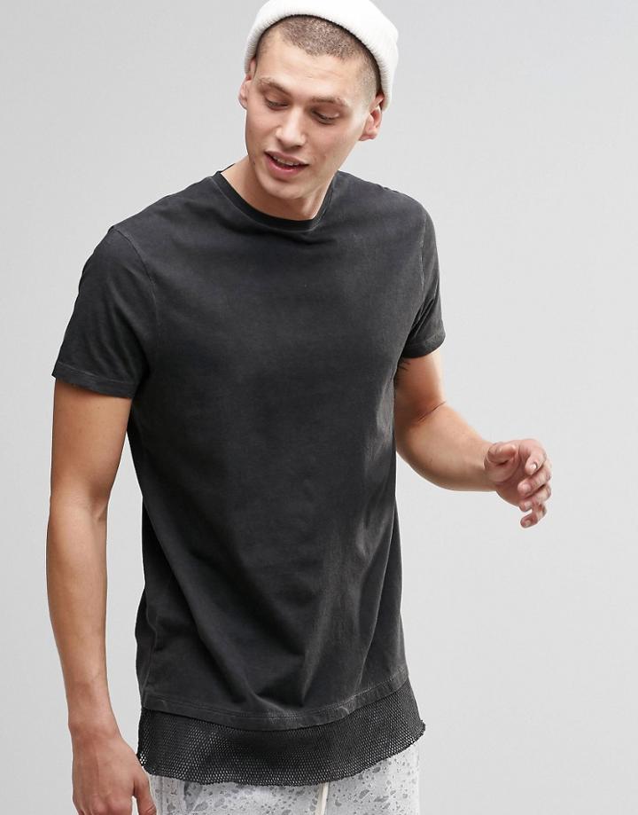 Asos Longline T-shirt With Mesh Hem Extender In Spray Wash Black - Black Spray
