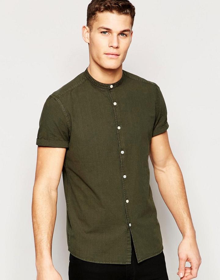 Asos Laundered Shirt In Khaki With Grandad Collar In Short Sleeve In Regaular Fit - Khaki