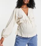 Asos Design Maternity Natural Crinkle Top With Side Ties In Oatmeal-neutral