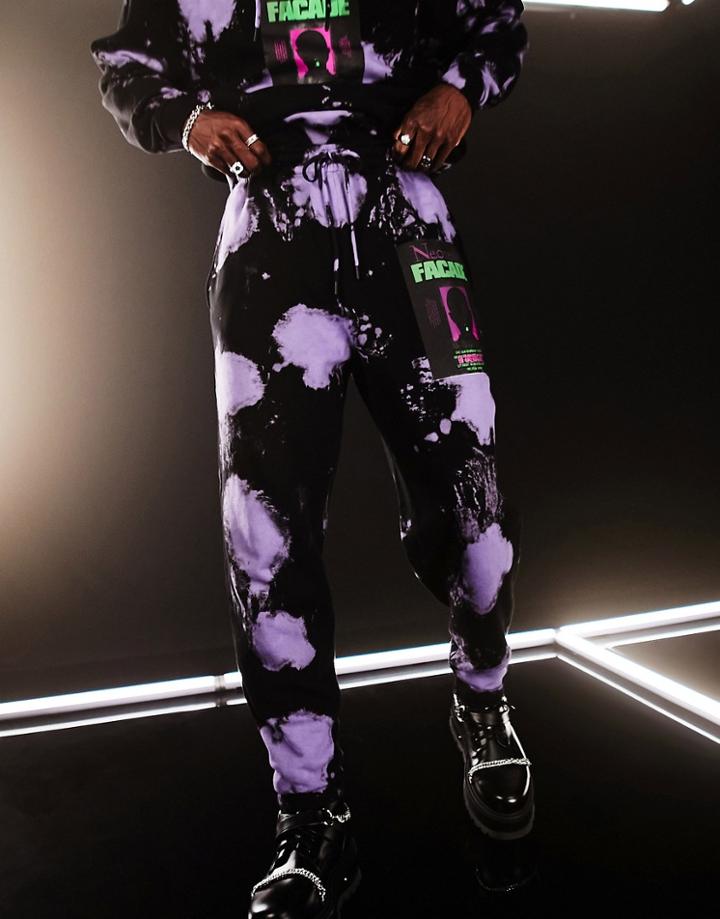 Asos Design Set Oversized Sweatpants In Black And Purple Tie Dye With Text Print-multi