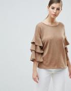 Ax Paris Sweater With Frill Sleeve Detail - Cream