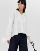 Asos Design Long Sleeve Oversized Top With Tie Cuff In Cotton - White