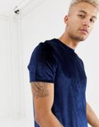 Asos Design Longline Velour T-shirt In Navy - Navy