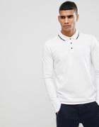 Selected Homme Long Sleeve Polo With Contrast Buttons And Piping Detail Collar - White