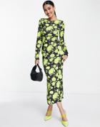 Asos Design Maxi Dress With Lace Up Back Detail In Bright Lime Floral-multi