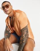 Asos Design Satin Shirt With Deep Revere Collar In Copper-yellow