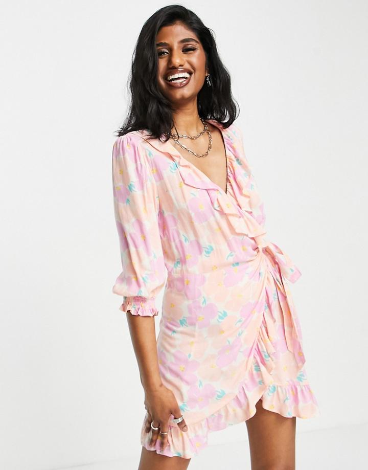 Topshop Washed Neon Floral Mini Wrap Dress-pink