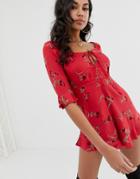 Motel Square Neck Romper In Floral - Pink