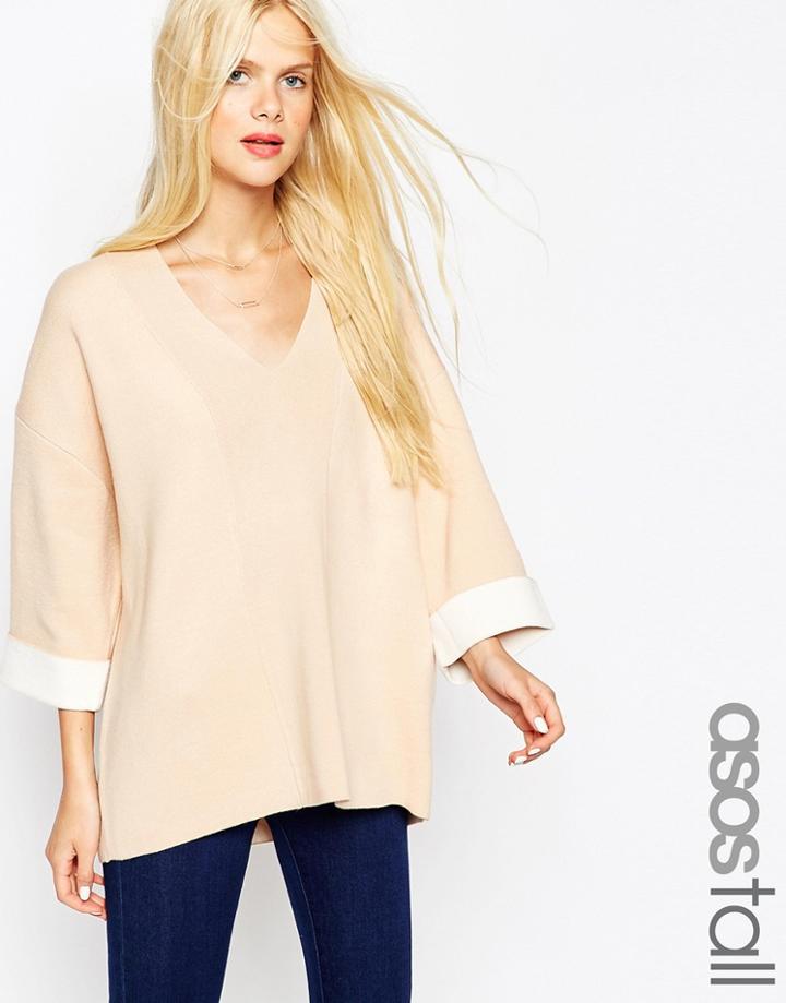 Asos Tall Sweater In Bonded Knit With Deep V-neck - Nude