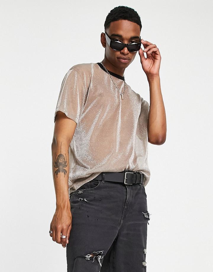 Asos Design Relaxed T-shirt In Metallic Mesh-neutral