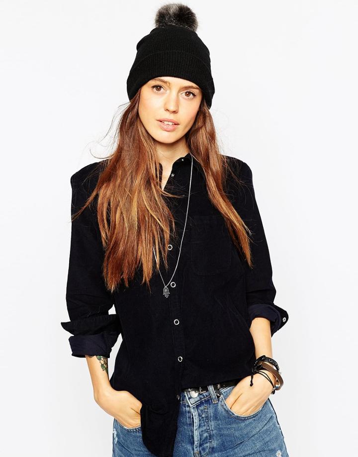 Asos Fine Knit Faux Fur Pom Beanie - Black