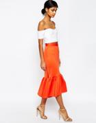 Asos Scuba Midi Skirt With Tiered Hem - Orange