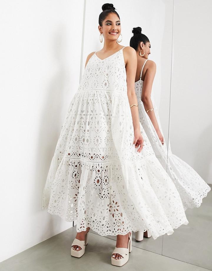 Asos Edition Strappy Cami Tiered Eyelet Maxi Dress In White