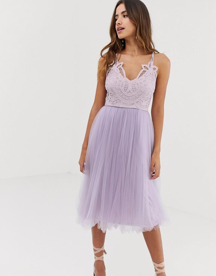 Asos Design Premium Lace Top Tulle Cami Midi Dress-multi