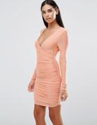 Ax Paris Long Sleeve V Front Slinky Ruched Dress - Pink