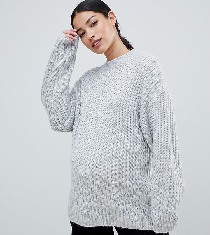 Asos Design Maternity Chunky Sweater In Rib With Crew Neck - Gray