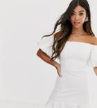 John Zack Petite Mini Off Shoulder Puff Sleeve Mini Dress With Flippy Hem In Cream - Cream