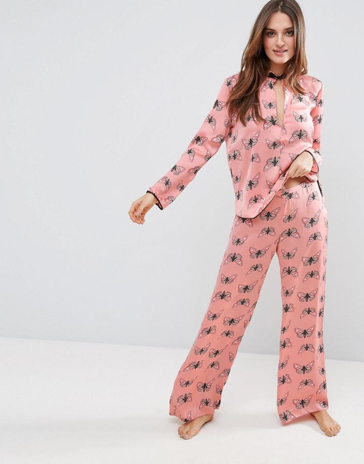 Asos Premium Butterfly Print Satin Long Leg Pant - Multi