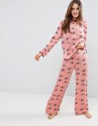Asos Premium Butterfly Print Satin Long Leg Pant - Multi