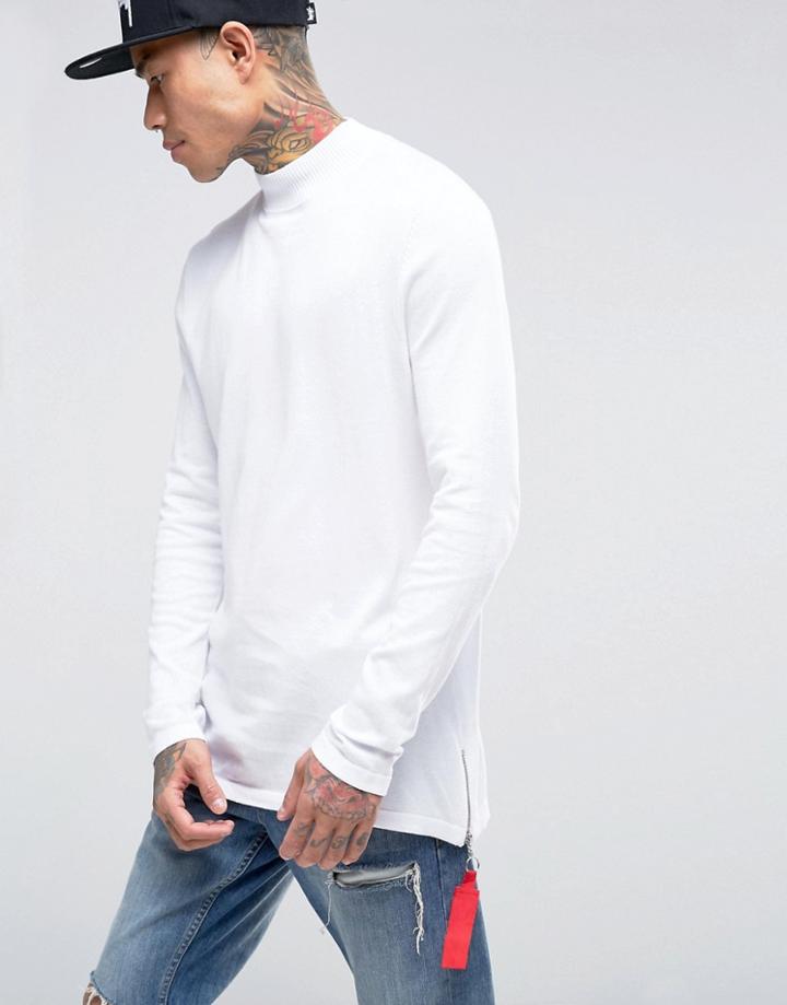 Asos Knitted Sweater With High Neck And Side Zips - White