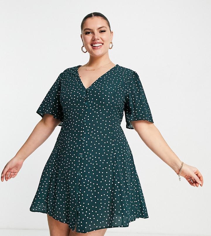 Asos Design Curve Button Through Tie Back Mini Tea Dress With Angel Sleeve In Green Spot-multi