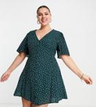 Asos Design Curve Button Through Tie Back Mini Tea Dress With Angel Sleeve In Green Spot-multi