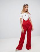 Wild Honey Pinafore Jumpsuit With Wide Leg In Spot - Red