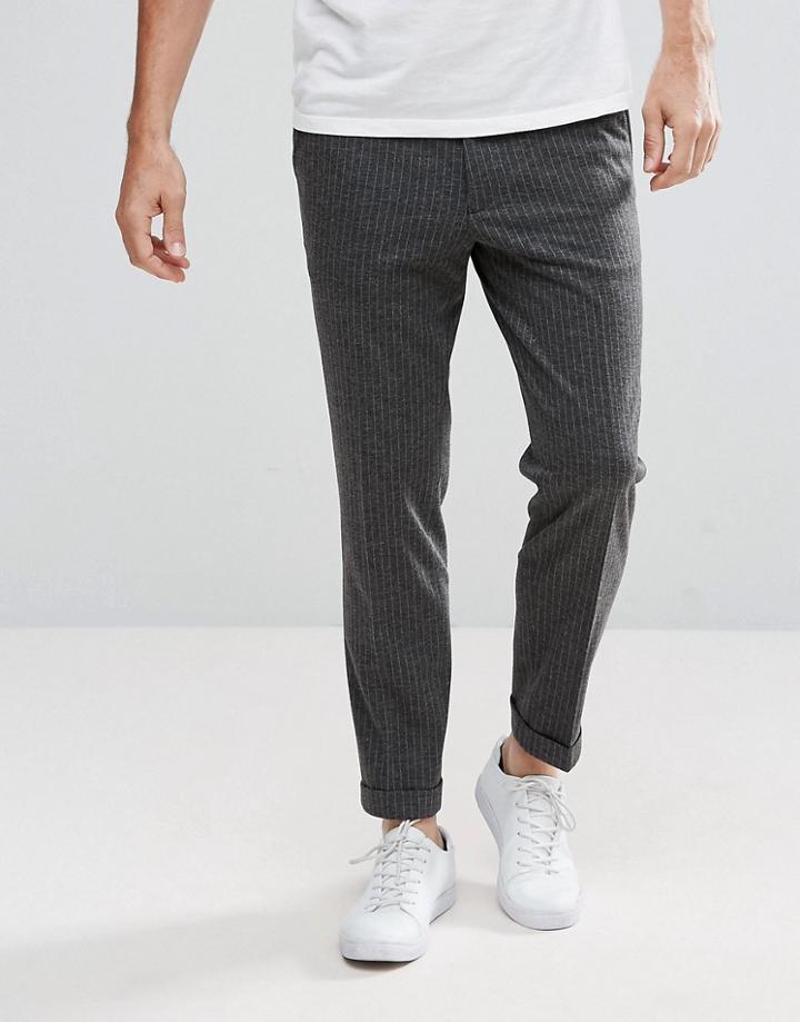 Asos Skinny Crop Smart Pants In Charcoal Pinstripe With Turnup - Gray