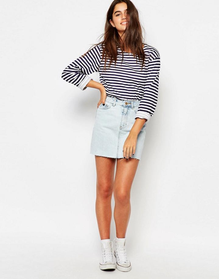 Pull & Bear High Waist Denim Mini Skirt - Lightblue