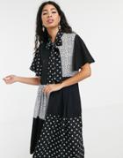 Sister Jane Pleated Midi Dress With Pussybow In Animal Star Mixed Print - Black