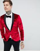 Twisted Tailor Super Skinny Tuxedo Blazer In Red Crushed Velvet - Red