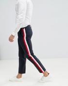 Asos Design Skinny Crop Smart Pants In 100% Wool With Side Stripe - Navy