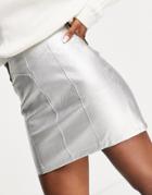 Topshop Seamed Leather-look Mini Skirt In Silver